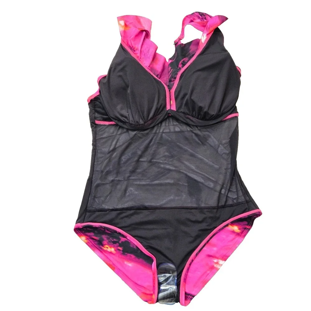 DKNY Ruffle Plunge Tummy Control 1 Piece Swimsuit Womens XL Fushia/BlacK NWT - Picture 10 of 13